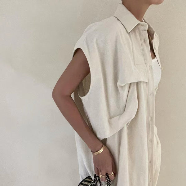 PATTERN PLEATS LINEN SHIRT DRESS