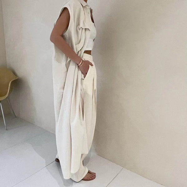PATTERN PLEATS LINEN SHIRT DRESS